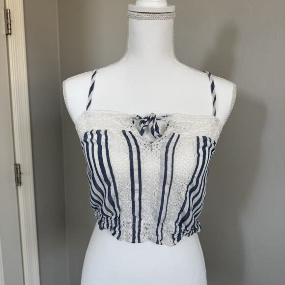 Aeropostale Woman’s S Striped Embroidered Crop Top Spaghetti Strap Blue White - Picture 1 of 7